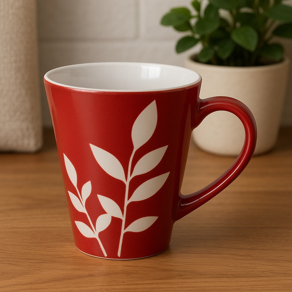 California Pantry Red Ceramic Coffee Mug White Leaf Design Cup